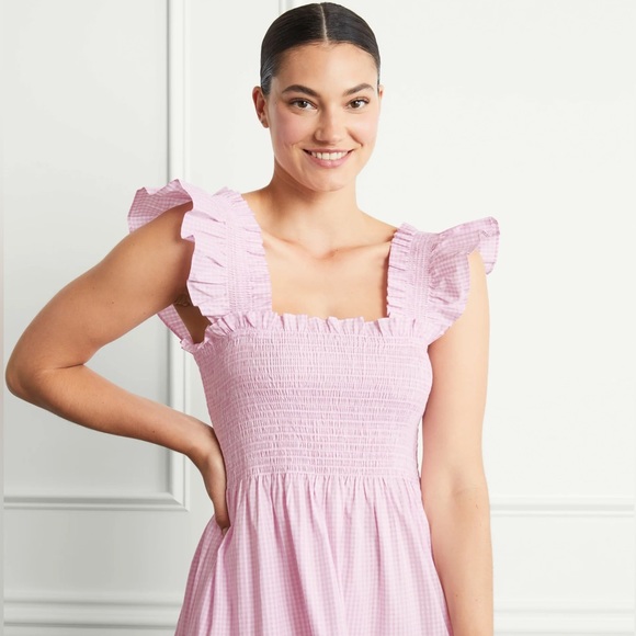 New! HILL HOUSE HOME Ellie Nap Tiered Midi Dress in Pink Gingham - Picture 5 of 13
